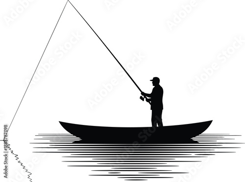 Fishing boat silhouette, peaceful outdoor activity, black vector illustration, solitary angler moment, nature water scene, reflection ripples, flavector