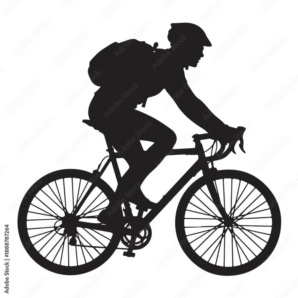 Naklejka premium Cyclist Silhouette in Dynamic Pose with Backpack on Road Bike in Black Silhouette on White Background for Sports Illustration