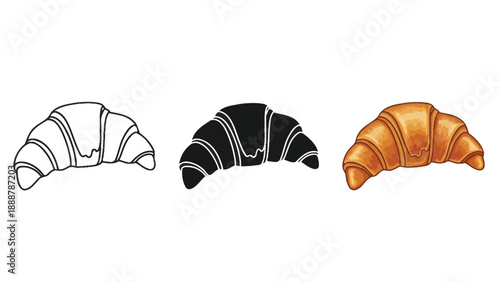 Set of three croissant illustrations outline, silhouette and realistic color drawing
