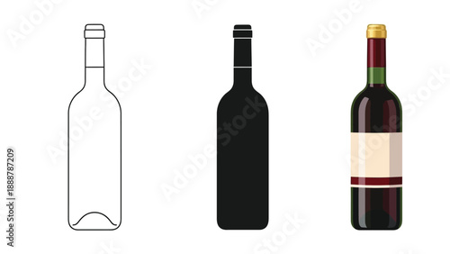 Set of three wine bottle icons outline, silhouette and colored illustration with blank label