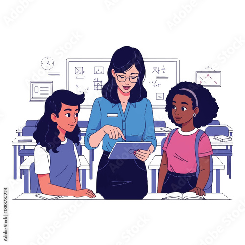 Teacher leading group study in a classroom with two students and digital devices, showcasing collaborative learning and mentorship in an educational setting.