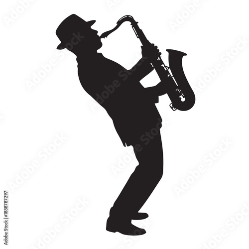 Silhouette of saxophonist in dynamic pose with dramatic lighting on white background for music industry