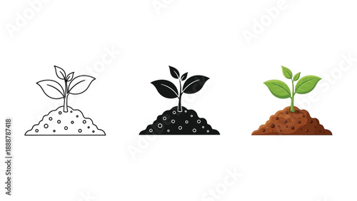 Set of three icons representing a small plant seedling growing from a mound of soil in outline, solid black and color styles