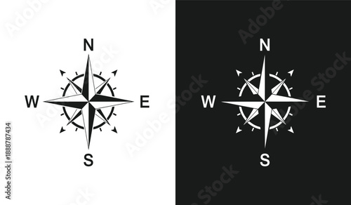 Compass navigation symbol with north south east and west direction and for travel and orientation