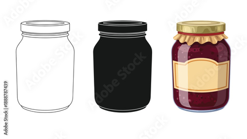 Set of three glass jars empty outline, black silhouette and filled with red jam