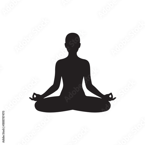 Woman Meditating in Lotus Position Silhouette in Simple Black Color on White Background for Wellness and Mindfulness