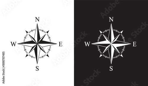 Two compass rose symbols with north south east and west directions and black backgrounds for navigation and orientation purposes