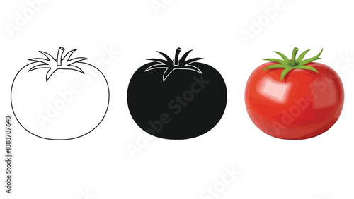 Set of three tomato icons outline, silhouette and realistic 3d rendering