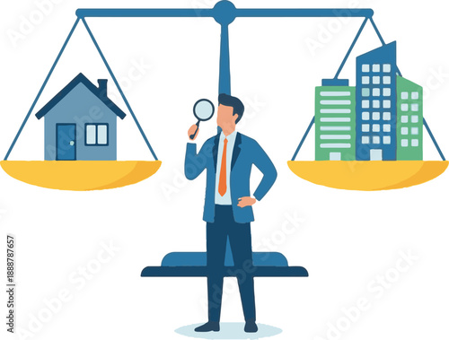 Businessman Comparing House and Office Building on Scales for Real Estate Investment Concept
