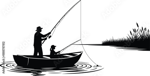 Fishing boat silhouette, two people casting rods, black vector illustration, nature leisure scene, outdoor water ripples, companionship moment, flavector
