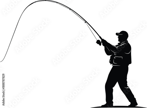 Fishing silhouette illustration, angler with bent rod, black vector art, outdoor activity moment, nature sport scene, flavector