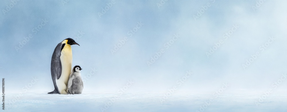Obraz premium emperor penguin with its chick on the snow, isolated against a pastel blue background
