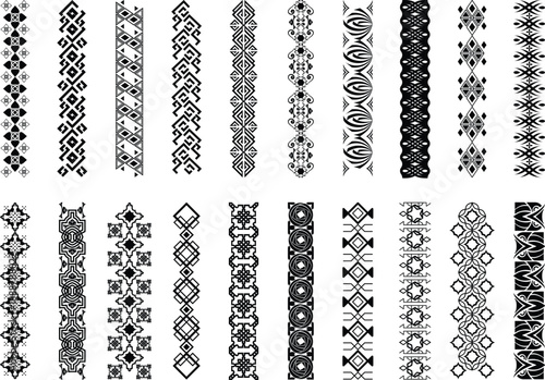 A set of black abstract seamless vertical patterns, Tribal seamless stripe pattern for cloth design vector illustrations.