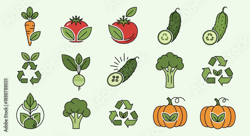 Collection of simple line art illustrations of various fresh vegetables served on plates with cutlery, including carrots, tomatoes, cucumbers, broccoli, and pumpkins.