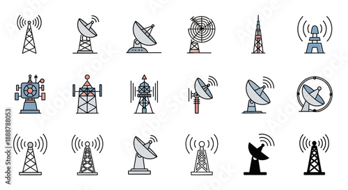 A collection of various communication towers, radio antennas, and satellite dishes in different icon styles, depicting signal transmission and reception.