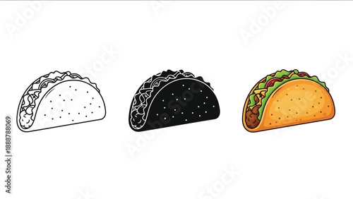 Set of three tacos in different styles outline, silhouette and full color illustration of a hardshell taco with filling