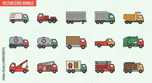 A collection of various truck icons including delivery, tanker, dump, fire, and tow trucks, depicted in a flat, colorful line art style.