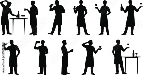Silhouettes of bartenders serving and drinking wine in various poses, holding bottles and glasses, minimalist black figures for hospitality, restaurant, nightlife, and beverage industry concepts