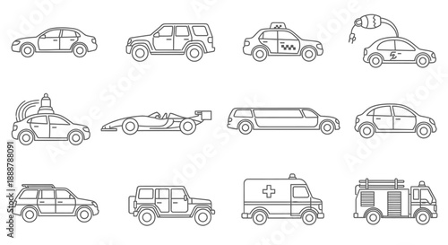 A collection of various car types and special vehicles in a simple line art style, including sedans, SUVs, taxis, electric cars, emergency vehicles, and race cars.