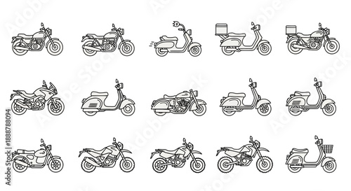 Collection of various vintage and modern motorcycles and scooters in black and white line art style.