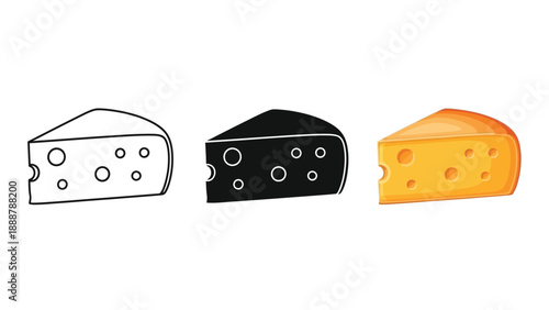 Set of three cheese wedge icons outline, solid black silhouette and colored illustration