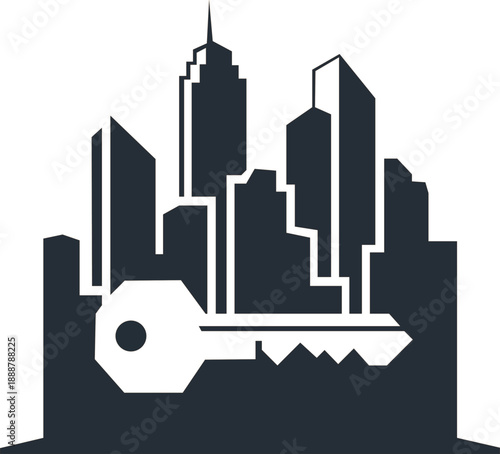 City skyline with key icon for real estate, property management, or access concept