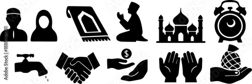 Islamic Icons Set: Muslim Prayer, Charity, Mosque, and Ramadan Symbols