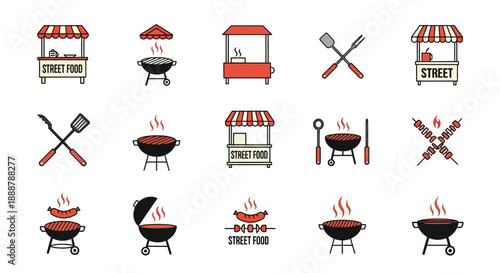 A vibrant collection of flat design icons featuring various street food stalls, barbecue grills, and cooking tools.