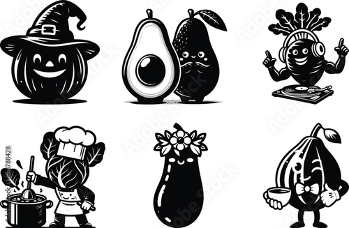 Stylish veggie life silhouette bundle set for yoga studio decor and wellness retreat branding 