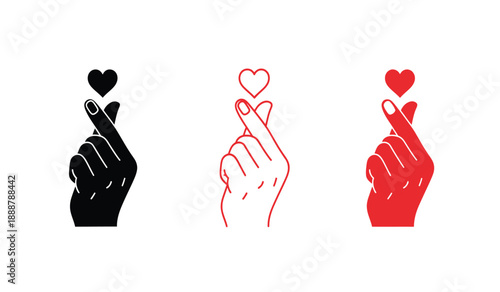 Three hand gestures forming hearts with fingers in black, red, and white colors on a pure