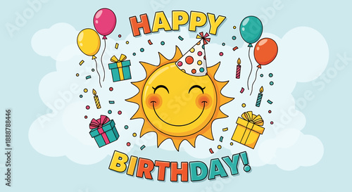 Vibrant and cheerful cartoon sun celebrating a happy birthday with colorful balloons, festive confetti, and neatly wrapped presents on a cloudy blue background, spreading joy and warmth