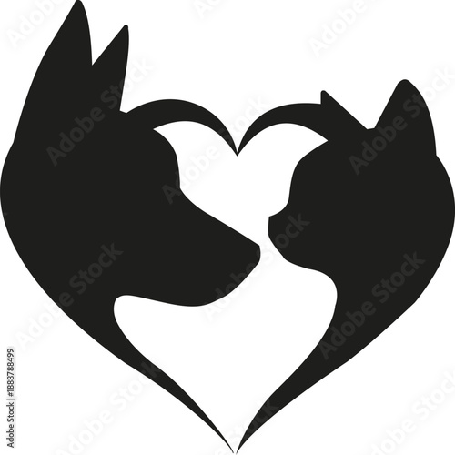Silhouette of dog and cat faces forming a heart shape, symbolizing love and friendship between pets