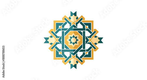 Intricate symmetrical geometric pattern in vibrant teal and gold, reflecting traditional ornamental art and abstract decorative design, perfect for elegant visual applications