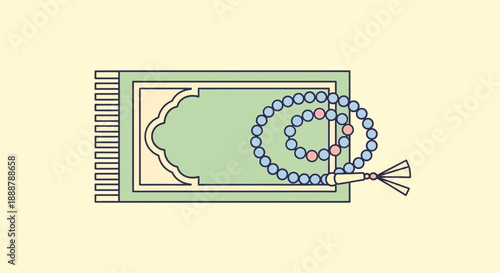 Minimalist flat illustration of essential Islamic prayer items, featuring a vibrant green prayer mat and traditional tasbih beads, symbolizing devotion, faith, and spiritual practice