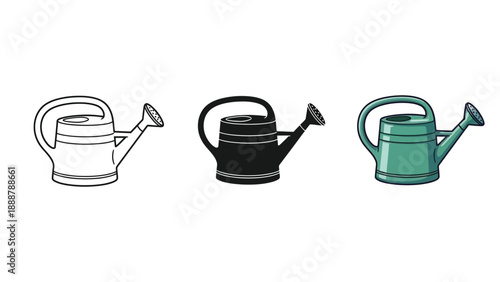 Set of three watering cans in different styles outline, silhouette and colored illustration