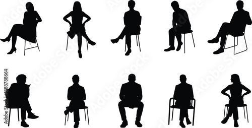 Silhouettes of seated people in various poses on chairs, expressing relaxed and confident body language, minimalist black figures for business, lifestyle, and design concepts