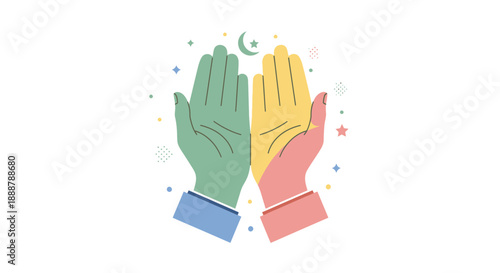 Two hands, one green and one yellow, held up in prayer or supplication with a crescent moon and stars in the background, symbolizing faith and spirituality
