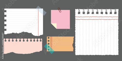 Collection of torn and ripped paper notes, sticky notes, and notepad pages for reminders and messages