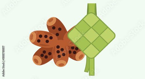 A simple flat design illustration of dates and a ketupat, symbolizing Ramadan and Eid celebrations