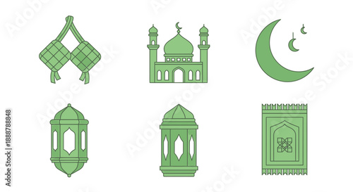 Collection of Islamic symbols including Ketupat, mosque, crescent moon, lanterns, and prayer mat, designed in a simple, flat, green illustration style
