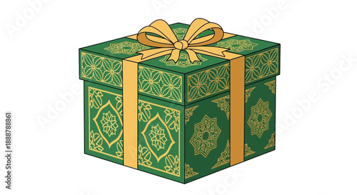 Elegant green gift box adorned with a radiant golden ribbon and intricate patterns, perfect for conveying joy and appreciation during festive holidays and special celebrations