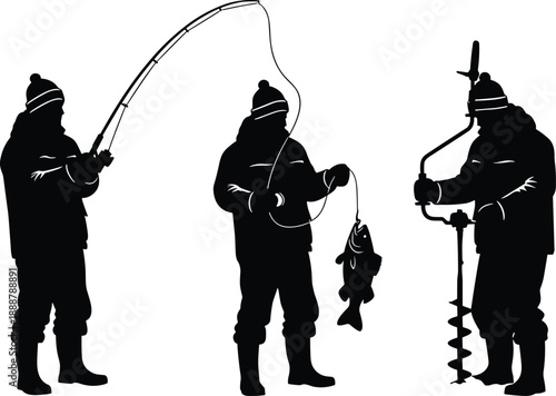 Ice fishing silhouette, winter outdoor activity, black vector illustration, auger drill, big fish catch moment, cold weather gear, flavector