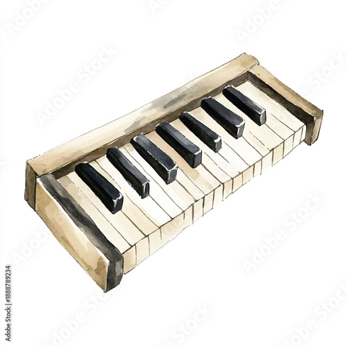  Watercolor painting of a vintage piano keyboard with black and white keys.