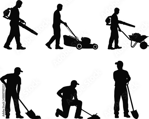 Landscaping worker silhouette, yard maintenance vector, black illustration, gardening tools activity, outdoor labor poses, shovel rake blower mower, flavector