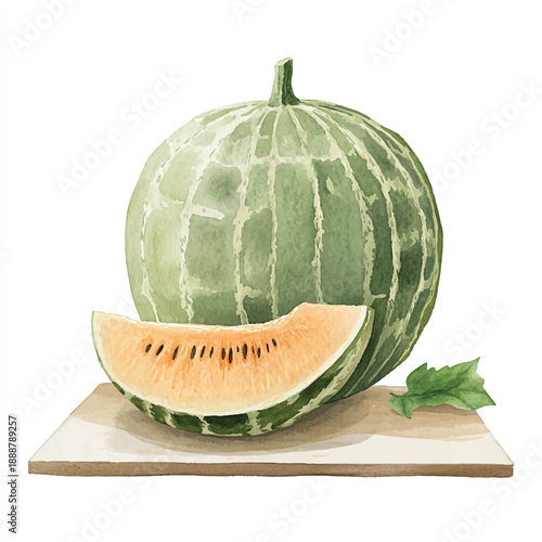 Watercolor painting of a whole honeydew melon with a slice on a wooden board
