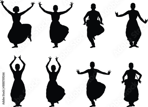 Indian classical dance silhouette, Bharatanatyam pose vector, black illustration, expressive movement, cultural art form, traditional costume gesture, flavector