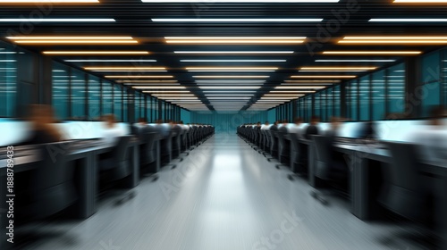Long corridor of a modern, organized call center office with blurred people working at desks, representing productivity and technology