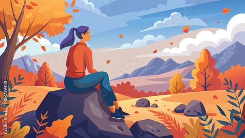 A peaceful moment captured in autumn as a woman sits on a rock, gazing at the serene landscape filled with golden leaves and rolling mountains. The tranquil beauty of the fall season surrounds her