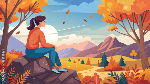 A peaceful moment captured in autumn as a woman sits on a rock, gazing at the serene landscape filled with golden leaves and rolling mountains. The tranquil beauty of the fall season surrounds her