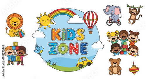 Whimsical and vibrant illustration set for a children's activity area, featuring cheerful kids, playful animals, and classic toys under a bright rainbow sky